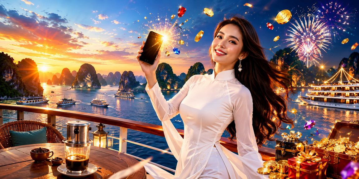 Người mặc áo dài trải nghiệm casino di động tại vịnh Hạ Long