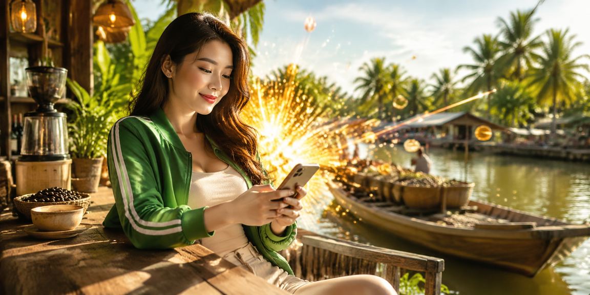 Người dùng chơi casino trên điện thoại bên ly cà phê tại vùng đồng bằng Mekong